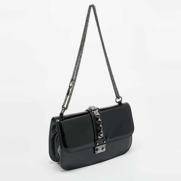 Valentino Rockstud Glam Lock Medium Black Patent Leather Flap Bag - Picture 3 of 7